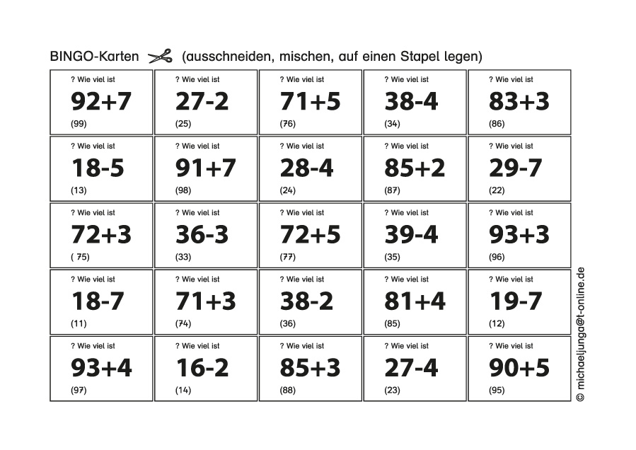 Lern-BINGO 3A Addition Subtraktion (ZE+/-E=ZE o.Ü.) bis 100 PDF