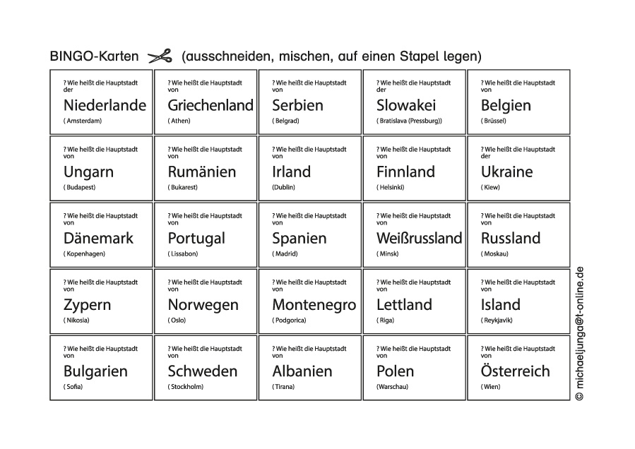 Lern-BINGO 24 Hauptstädte Europas 1 PDF